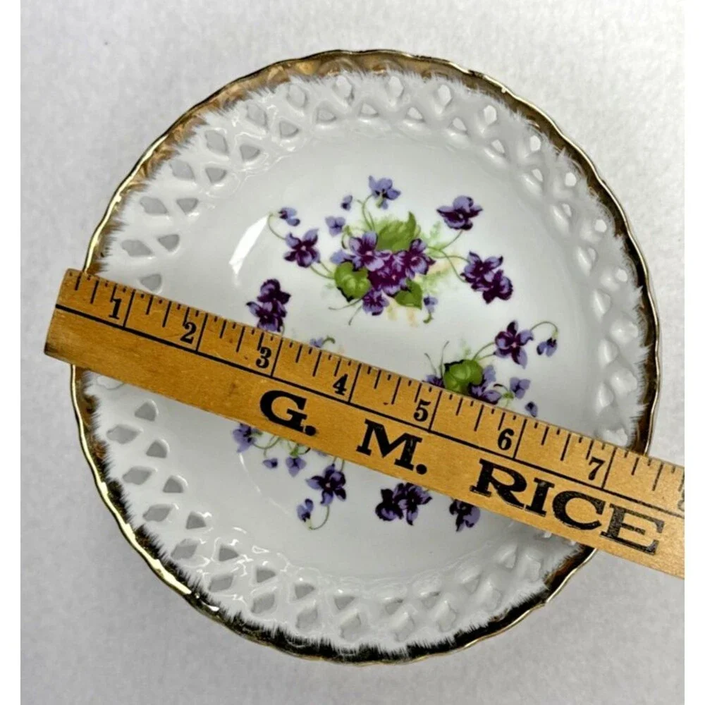 Lefton China Reticulated Pedestal Compote Bowl Violets Gold Trim Japan Vintage